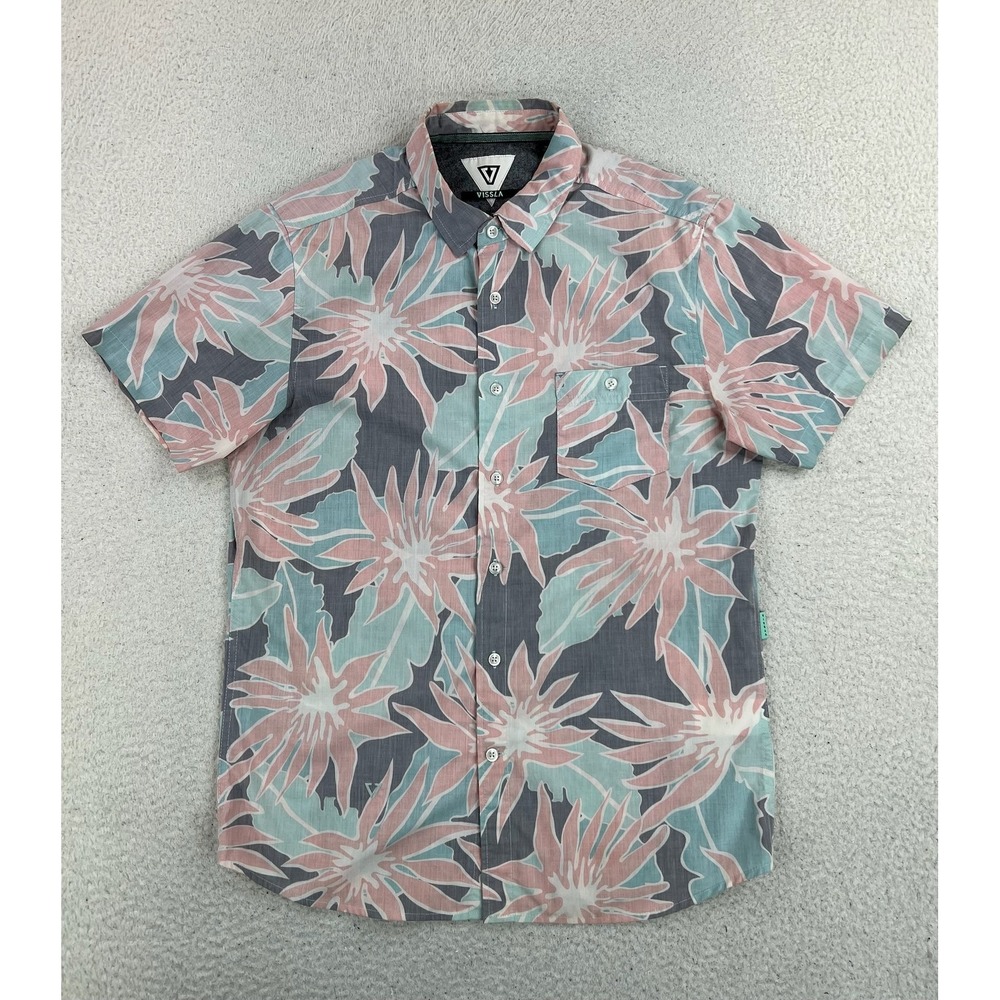 Vissla Shirt Mens Small Multicolor Floral Short Sleeve Button Up Hawaiian Surf
